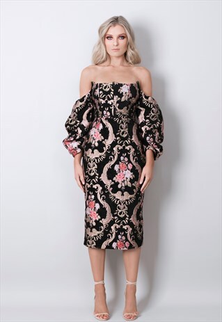 OFF SHOULDER MIDI DRESS IN JACQUARD FABRIC