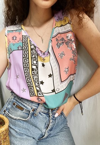 VINTAGE 80S ART NOUVEAU PASTEL PRINT BLOUSE TUNIC TOP BOHO