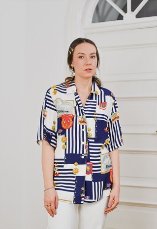 MARINE SHIRT PRINTED BLOUSE YACHT SHORT SLEEVE TOP VISCOSE L
