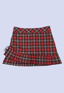 Red Tartan Plaid Check Virgin Wool Pleated Mini Skirt 