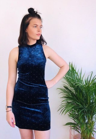 VINTAGE REWORKED VELVET BLUE STUD DRESS
