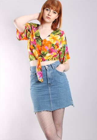 VINTAGE 80S HAWAIIAN FLORAL TIE UP BUTTON CROP TOP