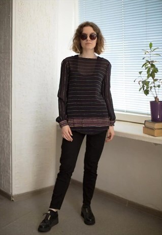 VINTAGE 70'S BLACK GLITTER STRIPED LONG SLEEVED BLOUSE