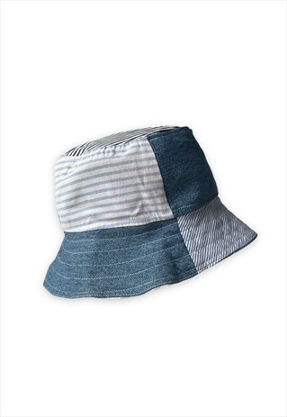 Vintage reworked reversible bucket hat blue denim stripy
