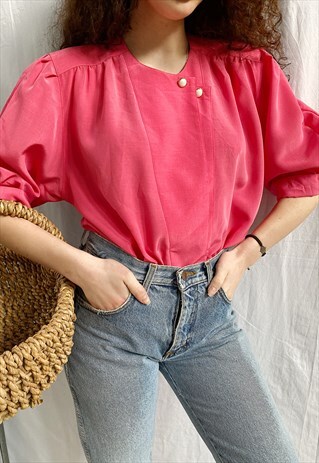 VINTAGE 80S LUXE PINK PUFF SLEEVE DRAPED BOHEME BLOUSE TOP