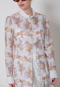 Vintage 70s High Neck Half Button Sheer Midi Gown M