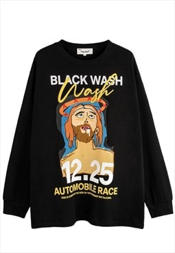 Jesus cartoon long sleeve t-shirt grunge skater top in black