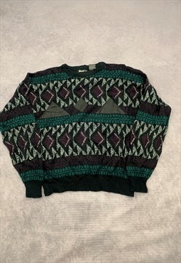 Vintage Knitted Jumper Patterned Knit with Leather Trims