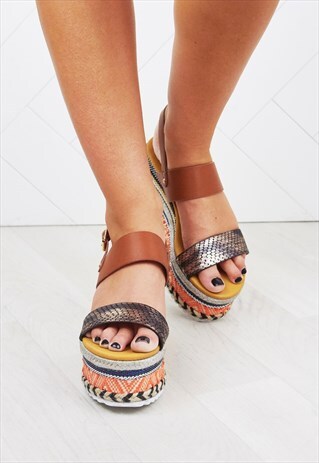 ROMY TAN AZTEC WEDGE SANDALS