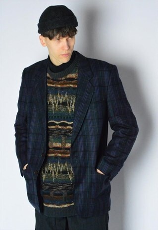 VINTAGE 80S NAVY BLUE STRIPED CHECK PURE NEW WOOL BLAZER