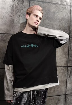 Planet print sweatshirt y2k space stitched top black grey