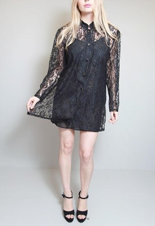 VINTAGE 1990'S BLACK FLORAL MESH CARDIGAN