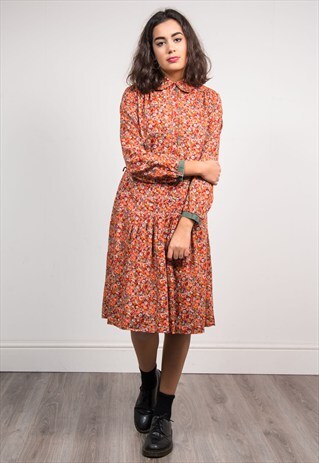 VINTAGE 70'S FLORAL BUTTON FRONT MIDI DRESS