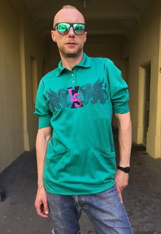 VINTAGE 90' COOL OLDSCHOOL TURQOISE VISCOSE UNISEX POLOSHIRT