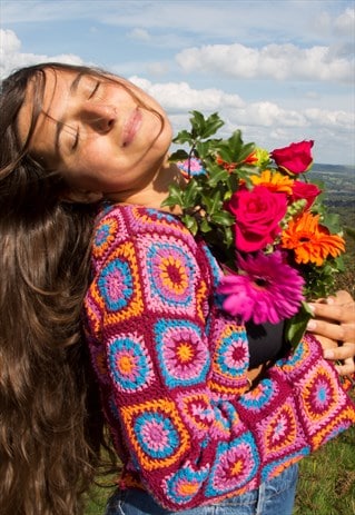 COSMOS DEEP PURPLE GRANNY SQUARE HANDMADE CROCHET CARDIGAN 