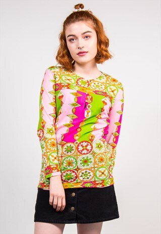 VINTAGE 70'S CRAZY BRIGHT PSYCHEDELIC FLORAL BLOUSE TOP