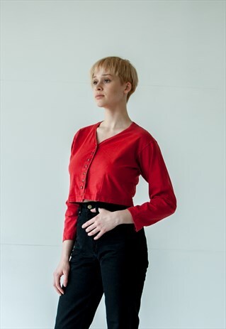 VINTAGE RETRO RED CROP LONG SLEEVE SHIRT TOP