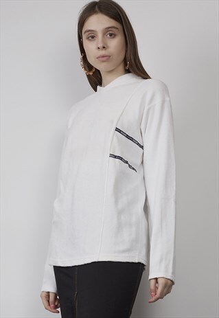 RARE VINTAGE 90'S VERSACE WHITE RIB VELOUR V-NECK SWEATER