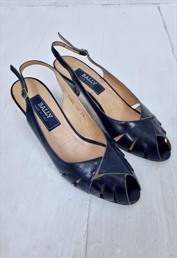 Vintage 90's Midnight Blue Leather Sling Back Sandals 