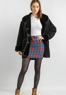 Sheepskin Leather Coat 80s, Size M Black Winter Outwear 5953