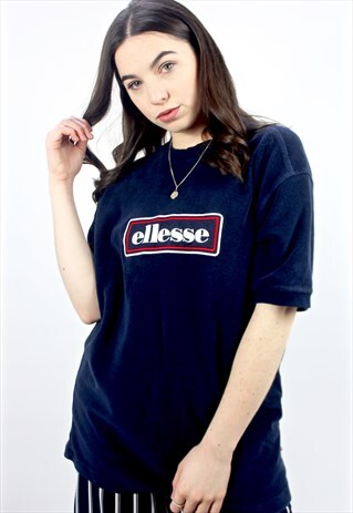 90'S RARE RETRO NAVY TOWELLING SPELL-OUT EMBROIDERED T-SHIRT
