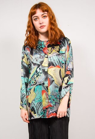 VINTAGE 90'S GREEN ABSTRACT PATTERN COLLARLESS SHIRT