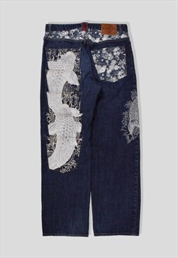 Vintage Japanese Embroidered Koi Denim Jeans in Blue