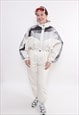 80s one piece ski suit in white, vintage printed snowsuit