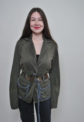 Y2k military jacket, vintage khaki green lightweight blazer
