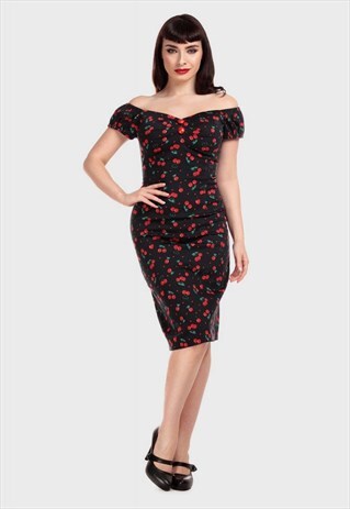 DOLORES MIDI PENCIL CHERRY DRESS VINTAGE STYLE