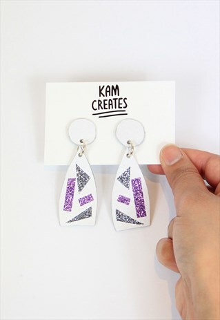 PLAYFUL SHAPES REAL LEATHER EARRINGS IN WHITE WITH GLITTER