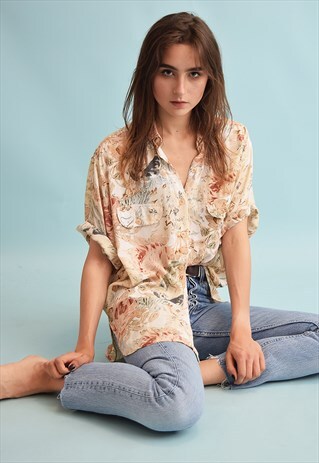 90'S RETRO FLORAL PRINT OVERSIZED FESTIVAL BLOUSE TOP