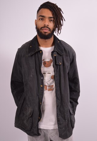 BARBOUR MENS VINTAGE WAXED COTTON JACKET LARGE GREY 90S