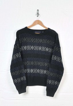 Vintage Knitted Jumper Retro Pattern Blue/Black Medium