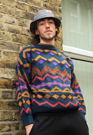 VINTAGE / 80'S / GREEN & PURPLE PATTERNED JUMPER