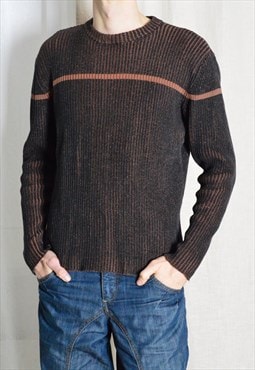 Y2K Brown Striped Ribbed Knit Sweater