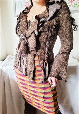 90s retro eclectic whimsy goth brown applique zip cardigan