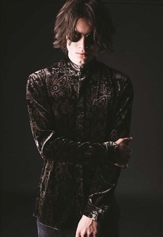 MENS BLACK PAISLEY COLLARED VELVET SHIRT