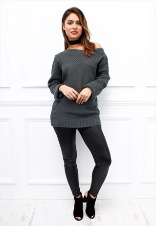 WOMENS LADIES NEW KHAKI KNITTED OFF SHOULDER SWEATER JUMPER