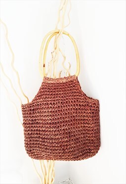 Vintage Handwoven Brown Basket Bag Wood Handles, Straw Bag