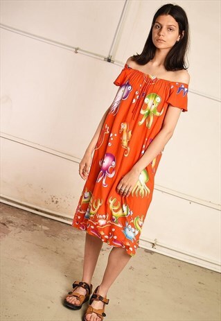 90'S RETRO SEA LIFE PRINT FESTIVAL MIDI DRESS