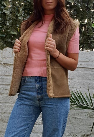 VINTAGE 80S SHEEPSKIN SHEARLING BROWN GILET