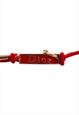 Christian Dior Choker Necklace Red Cord Gold Logo Tag 