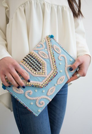 BLUE CANVAS BEADED CROSS BODY ENVELOPE CLUTCH BAG
