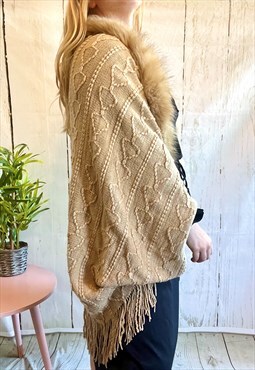 Vintage Tan Boho Fringed Faux Fur 70's Cape Jacket