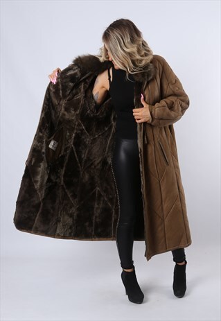 SHEEPSKIN SHEARLING SUEDE LONG COAT UK 18 (C8EI)