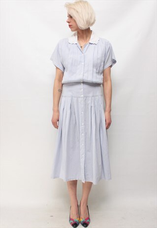 VINTAGE 80' BEAUTIFUL CUTE MIDI STRIPED PASTEL BLUE DRESS