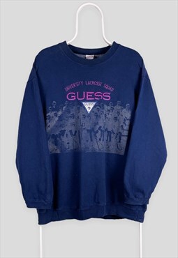 Vintage Guess Blue Sweatshirt Spell Out Embroidered Medium