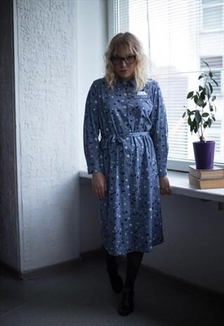 VINTAGE 80'S BLUE/WHITE PATTERNED MIDI DRESS