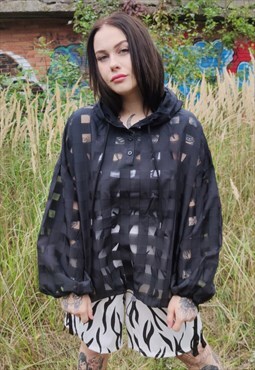 Transparent hoodie see through mesh pullover in black